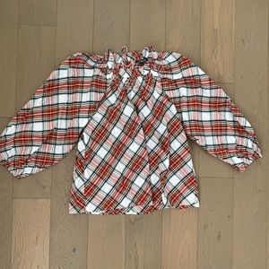 J. Crew long-sleeved smocked-neck cotton top in snowy Stewart tartan size Large